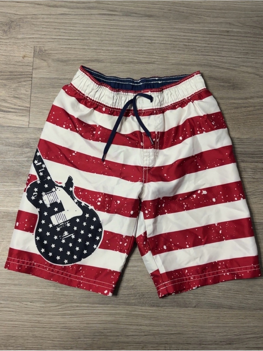 Old Navy Red & White Striped Swim Shorts with Navy Guitar Graphic